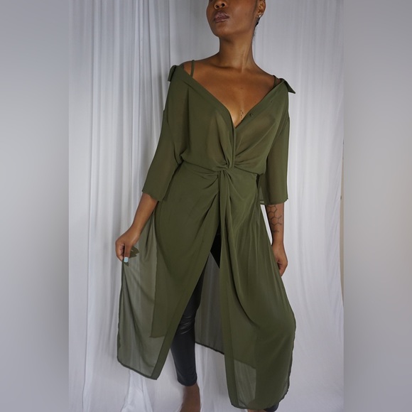 Flying Tomato Womens Blouse Sz Small Green Cold Shoulder Sheer Maxi - Picture 4 of 10